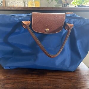 Longchamp Blue and Brown Tote Bag with Leather Accents